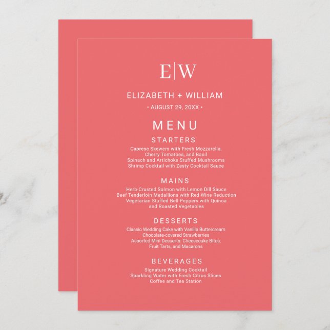 Elegant Simple Sunset Coral with Monogram Wedding Menu (Front/Back)