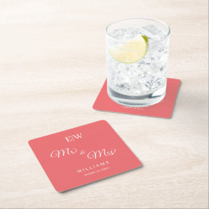 Elegant Simple Sunset Coral with Monogram Wedding Square Paper Coaster