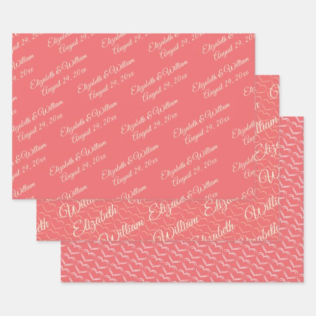 Elegant Simple Sunset Coral with Monogram Wedding Wrapping Paper Sheet (Set)