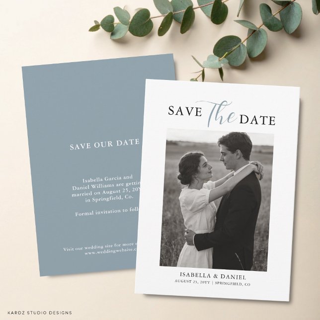 Elegant Simple Text Photo Wedding Save The Date (The front and back are shown in a 4.5 x 6.25-inch. Choose size, paper, + corner style.)