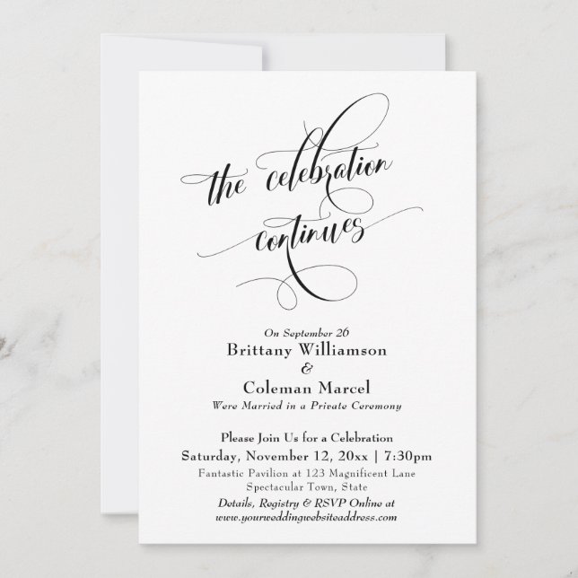 Elegant Simple The Celebration Continues Reception Invitation (Front)