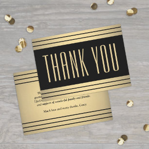 Elegant Simple Typography Black and Gold Striped Thank You Card