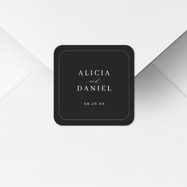 Elegant simple typography black wedding square sticker (Creator Uploaded)