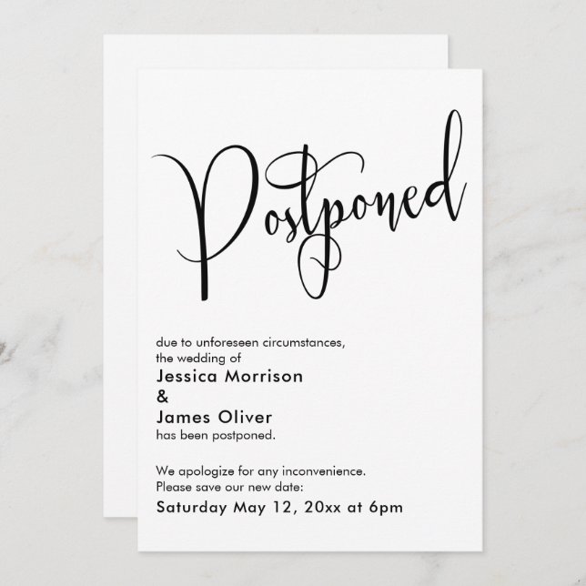 Elegant Simple Update Postponed Wedding Card (Front/Back)