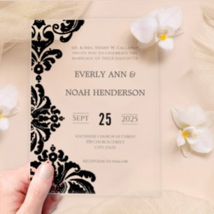 Elegant Simple Victorian Black Damask Wedding Acrylic Invitations