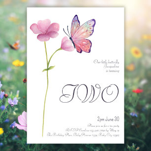 Elegant Simple Watercolor Butterfly 2nd Birthday  Invitation