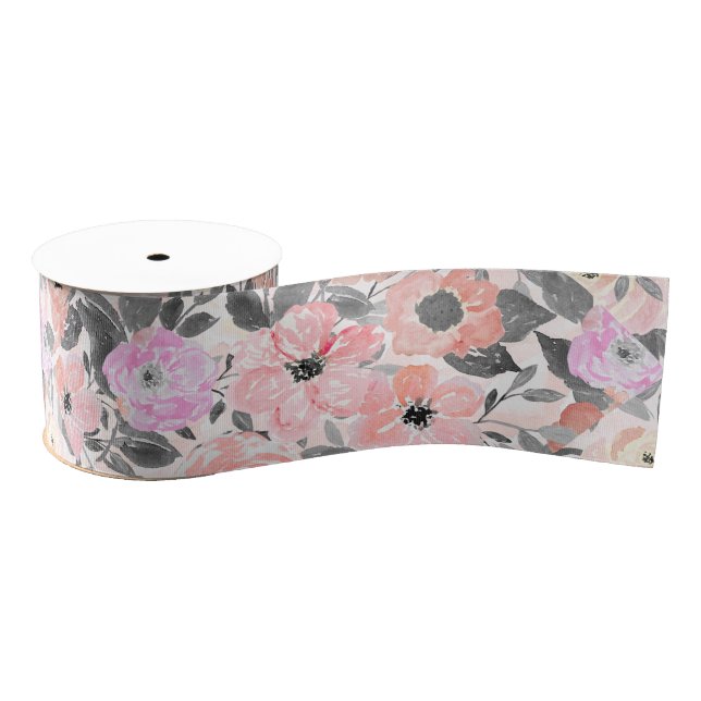 Elegant simple watercolor floral grosgrain ribbon (Spool)