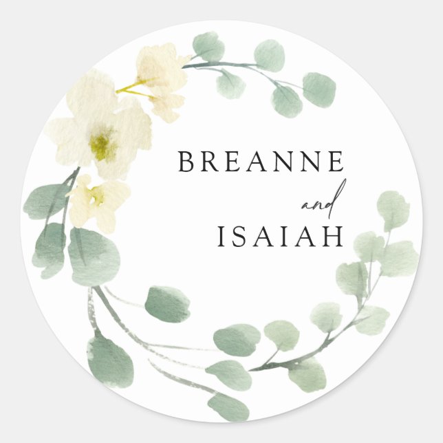 Elegant Simple Watercolor Greenery Wedding | Classic Round Sticker (Front)
