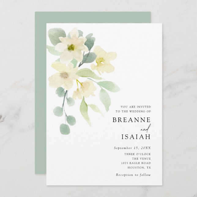 Elegant Simple Watercolor Greenery Wedding | Invitation (Front/Back)