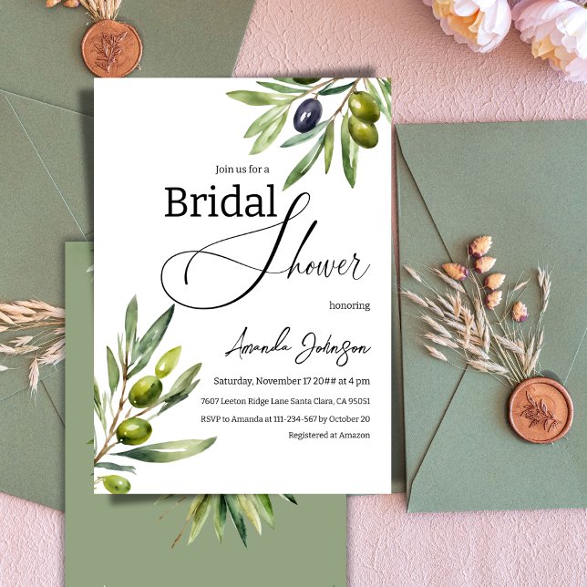 Elegant Simple Watercolor Olive Bridal Shower Invitation (Creator Uploaded)