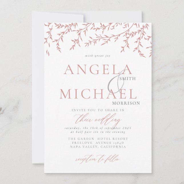 Elegant Simple Wedding Invitation Pink branch (Front)