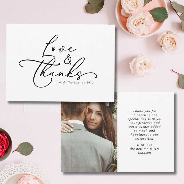 Elegant Simple Wedding Love and Thanks Photo Thank You Card (Creator Uploaded)