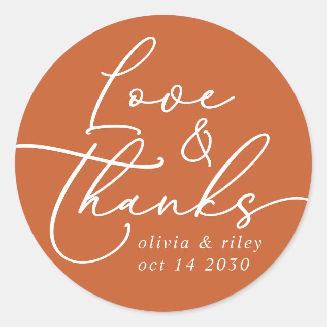 Elegant Simple Wedding Love and Thanks Terracotta Classic Round Sticker (Front)