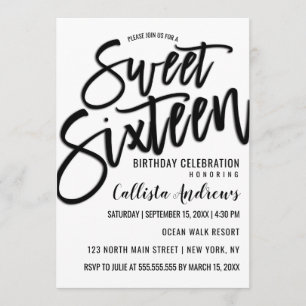 Elegant Simple White and Black Typography Sweet 16 Invitation