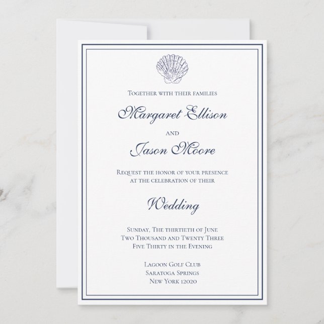 Elegant Simple White and Blue Shell Sea Wedding Invitation (Front)