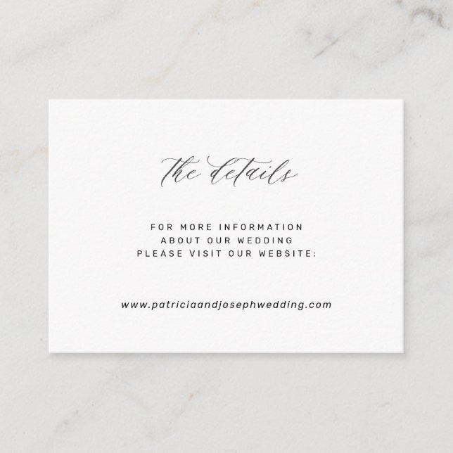 Elegant simple white black wedding website details enclosure card (Front)