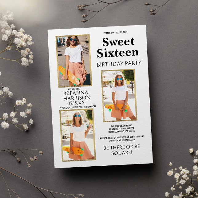 Elegant Simple White Gold Photo Sweet Sixteen Invitation (Elegant Simple White Gold Photo Sweet Sixteen)