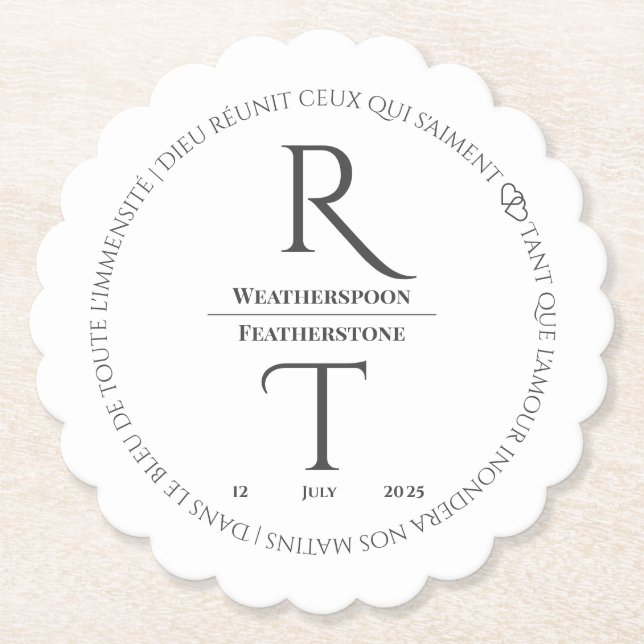 Elegant Simple White Grey Monogram Wedding Paper Coaster (Front)