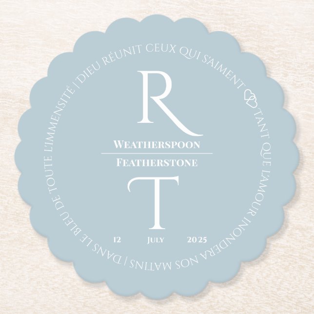 Elegant Simple White Grey Monogram Wedding Paper Coaster (Front)