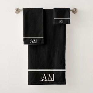 Elegant Simple White Monogram on Black Bath Towel Set