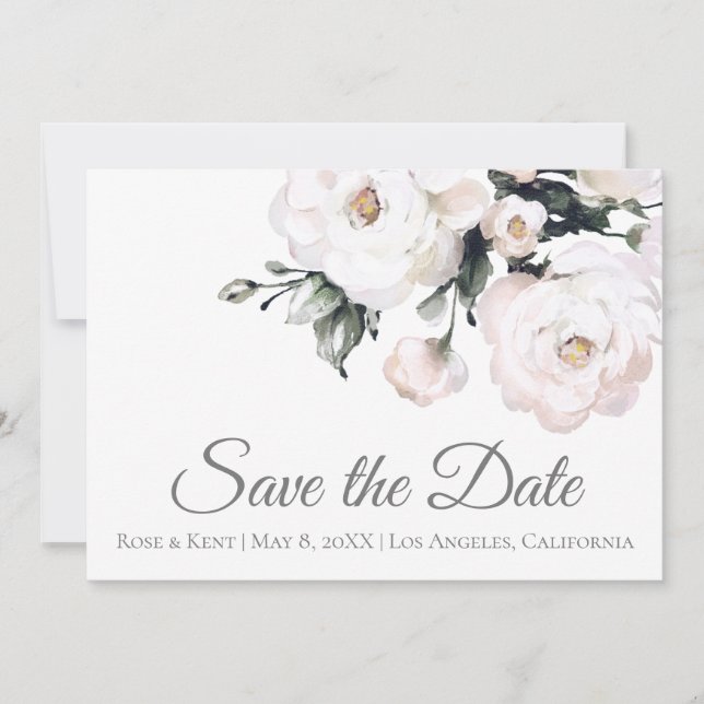 Elegant Simple White Roses Wedding Save The Date (Front)
