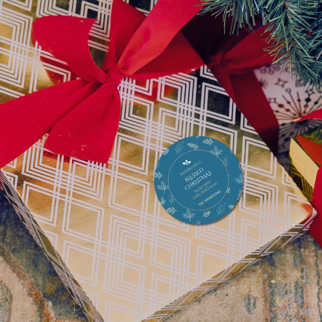 Elegant Simple White Winter Leaves Blue Classic Round Sticker (Creator Uploaded)