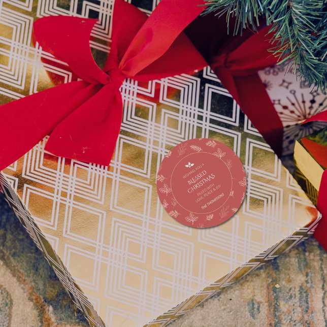 Elegant Simple White Winter Leaves Red Classic Round Sticker (Creator Uploaded)