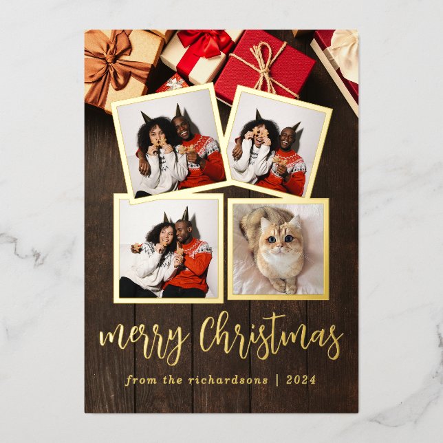  Elegant Simple winter Christmas Family 5 Photo Foil Holiday Card (Front)