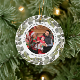 Elegant Simple Wreath 2 Photo Family Christmas Ceramic Ornament
