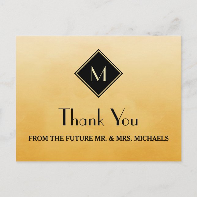 Elegant Simple Yellow With Gold Monogram Thank You Postcard (Front)