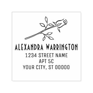 Elegant Single Long Stem Rose Flower Name Address Self-inking Stamp