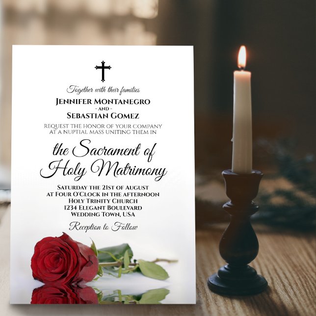 Elegant Single Red Rose Modern Catholic Wedding Invitation (Creator Uploaded)