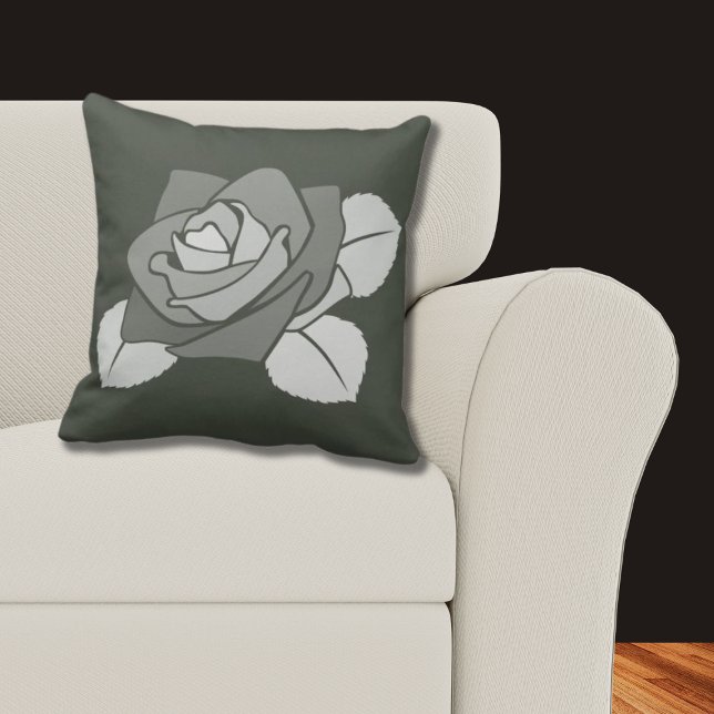 Elegant Single Rose Blossom On Grey Cushion (Elegant Single Rose Blossom, Grey Throw Pillow)