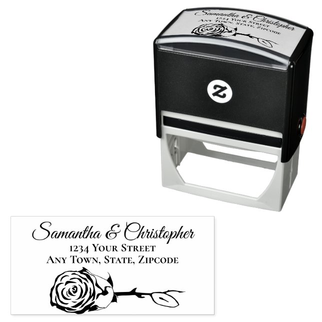 Elegant Single Rose Wedding Address Self-inking Stamp (In Situ)