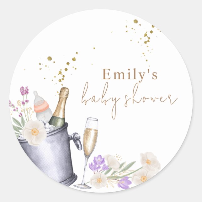 Elegant Sip & See Champagne Bottle Baby Shower Classic Round Sticker (Front)