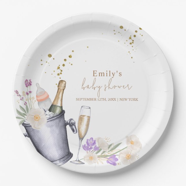 Elegant Sip & See Champagne Bottle Baby Shower Paper Plate (Front)