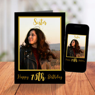 Elegant Sister 70th Birthday Black Gold Photo Card