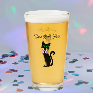 Elegant Sitting black cat big Green Eyes Pink Bow Glass