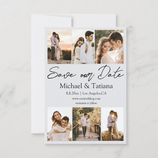 elegant six photos collage modern script grey save the date (Front)