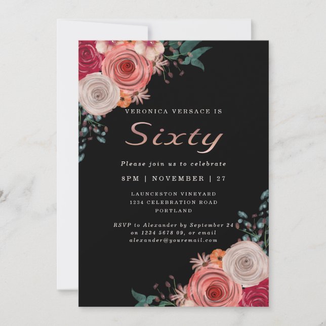 Elegant Sixty and fabulous coral rose birthday Invitation (Front)
