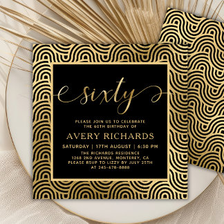 Elegant Sixty Script Black and Gold 60th Birthday Invitation