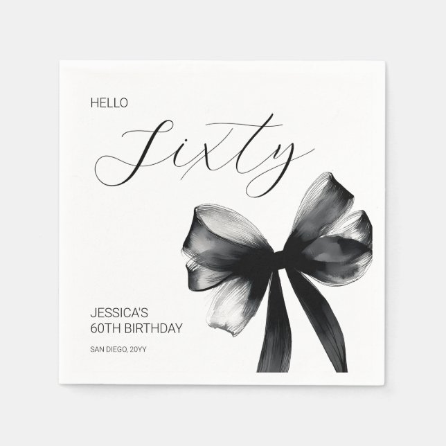 Elegant Sixty Script Black Bow 60th Birthday Party Napkin (Front)
