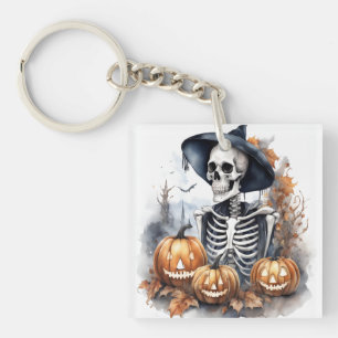 Elegant Skeleton Halloween Watercolor Key Ring