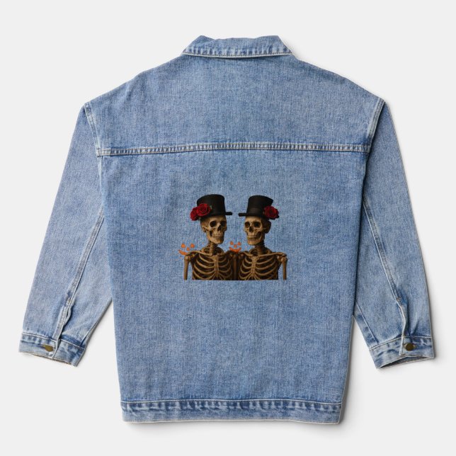 Elegant Skeletons with Roses – Gothic Halloween Denim Jacket (Back)