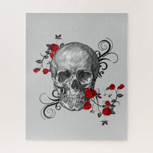 Elegant Sketch of Black Skull, Red Roses & Swirls Jigsaw Puzzle