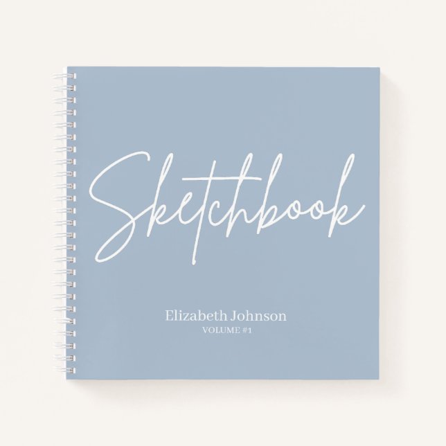 Elegant Sketchbook Your Name Script Dusty Blue Notebook (Front)
