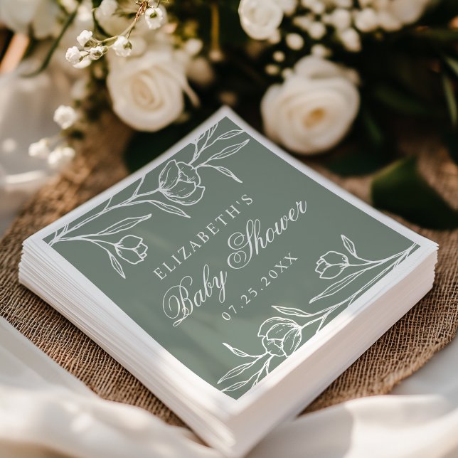 Elegant Sketched Floral Sage Green Baby Shower Napkin (Creator Uploaded)