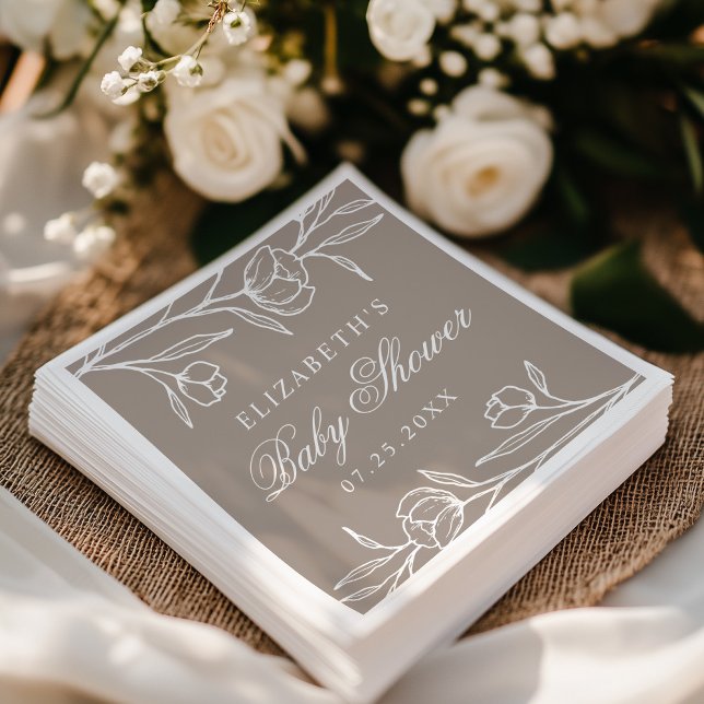 Elegant Sketched Floral Taupe Baby Shower Napkin (Creator Uploaded)