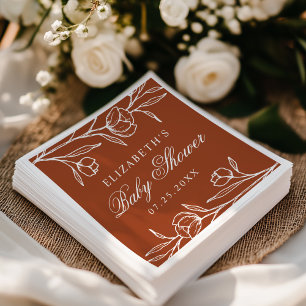 Elegant Sketched Floral Terracotta Baby Shower Napkin