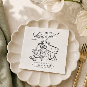 Elegant Sketched Golden Retriever Engagement Party Napkin